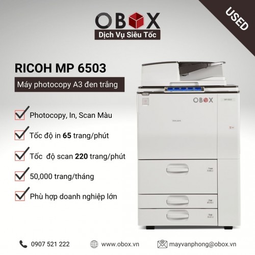 Thuê máy photocopy, in đa năng đen trắng A3 RICOH MP 6503, công suất lớn, scan màu 220 trang/phút, SPDF - USED
